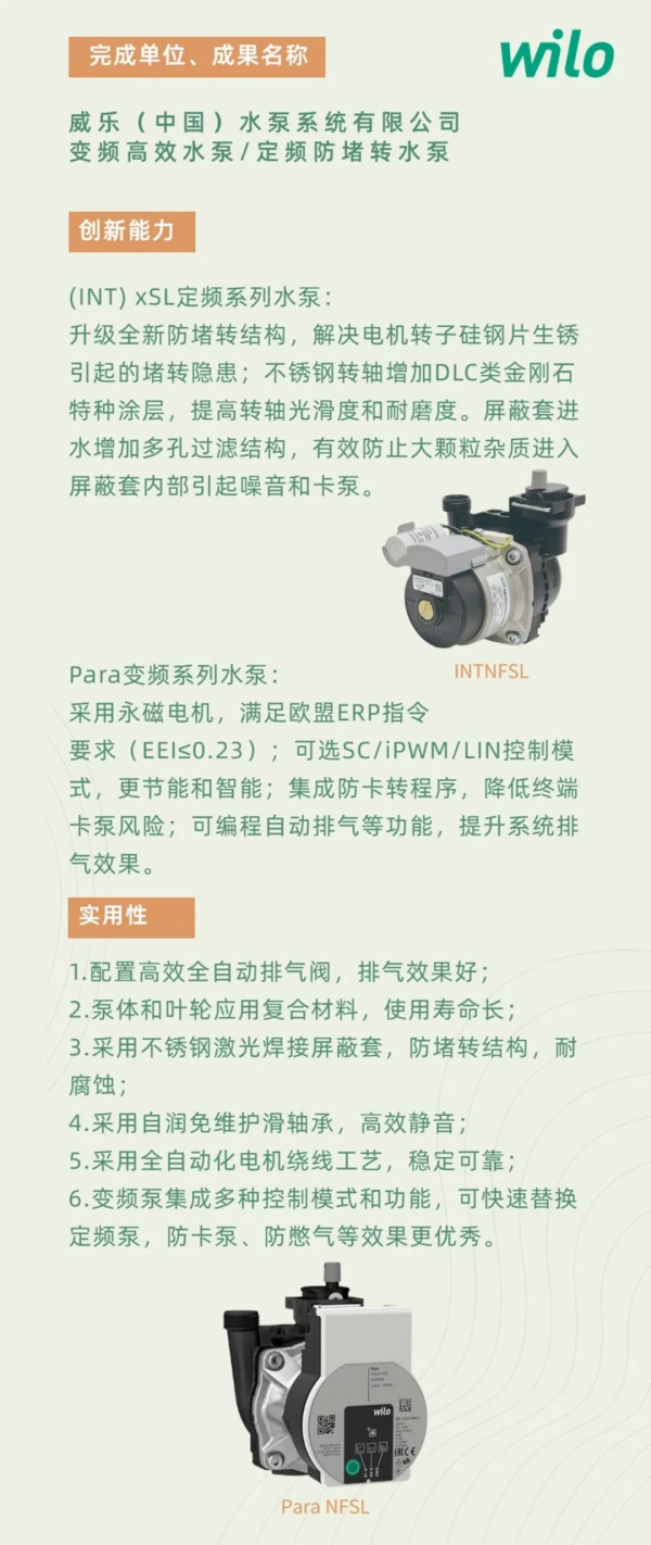 Wilo-INTNFSL系列定频防堵转水泵以及Wilo-Para NFSL系列高效变频水泵两款壁挂炉配套水泵产品，荣获了“2023年度燃气采暖热水炉配件优秀技术成果奖”(图1)